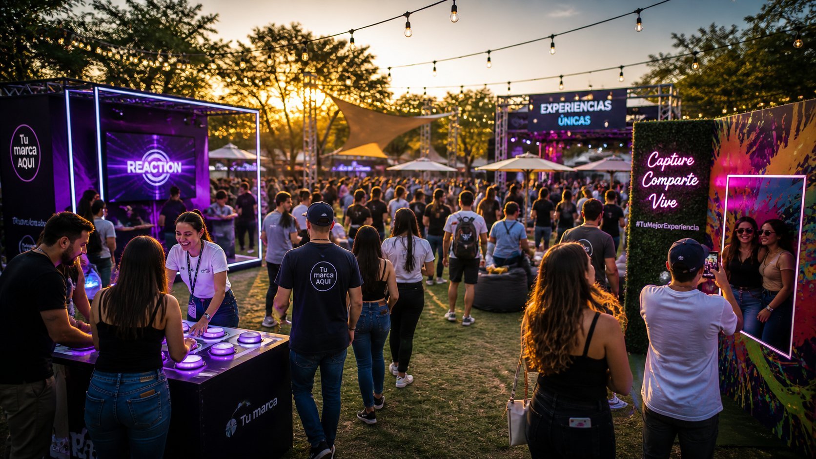 Outdoor evening event with crowds of people walking through an illuminated vendor area with neon-lit booths and string lights overhead.