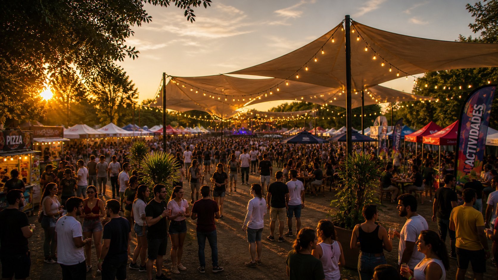 Outdoor festival at sunset with large crowd under illuminated canopy tents and string lights
