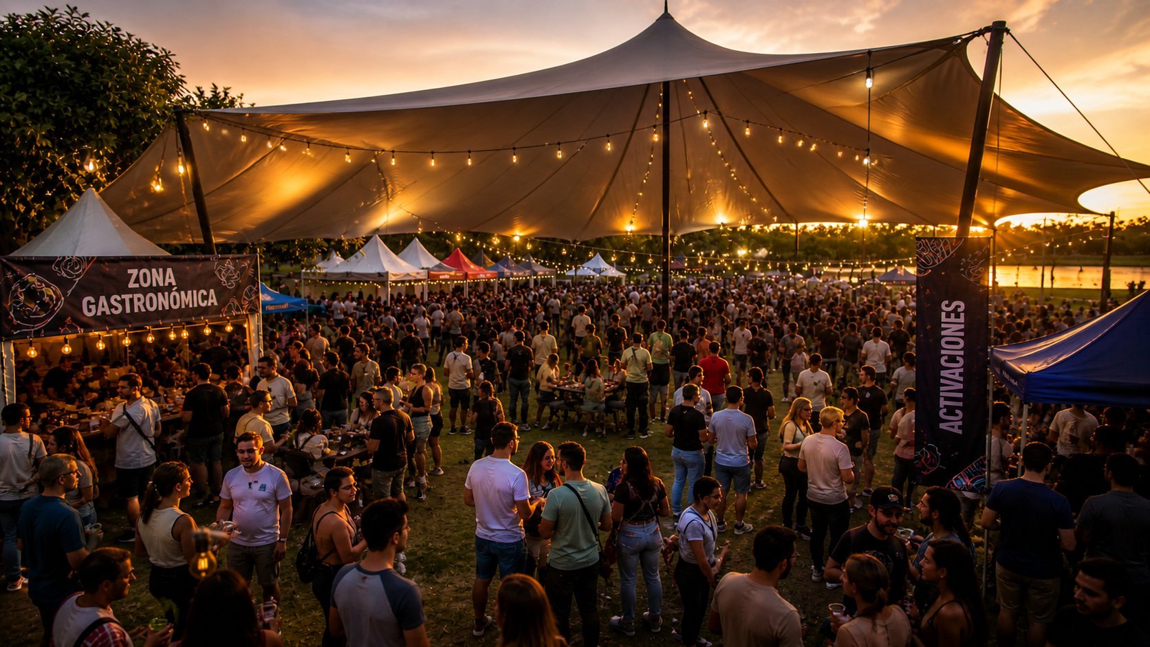 Large outdoor festival at dusk with crowds gathered under illuminated tent canopy and string lights during golden hour