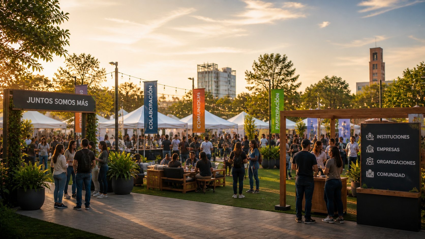 Outdoor festival or community event with diverse crowd gathered in urban park at sunset, colorful banners and stage visible